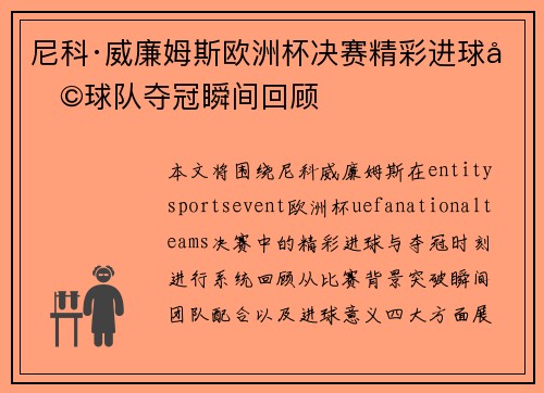 尼科·威廉姆斯欧洲杯决赛精彩进球助球队夺冠瞬间回顾
