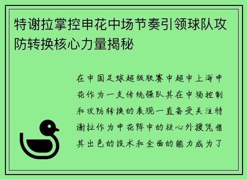特谢拉掌控申花中场节奏引领球队攻防转换核心力量揭秘