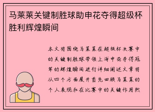 马莱莱关键制胜球助申花夺得超级杯胜利辉煌瞬间